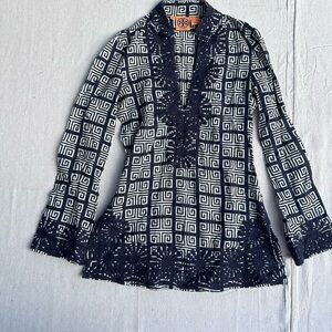 Tory Burch Navy and White Geometric Pattern Blouse with embroidered trim size 2